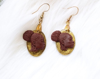 Afrocentric African woman Afro earrings / Gold clay cameo earrings
