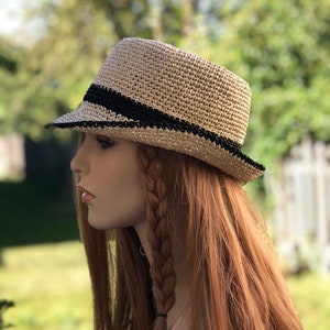 Boater Straw Sun Hat Hand Crochet Panama Style Summer Unisex Cap Size M Temi M Knits