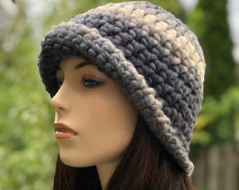 Winter Bucket Wool Hat Fedora Style Hand Crochet Bowler Roll Brim Chunky Hat Size M By Temi M