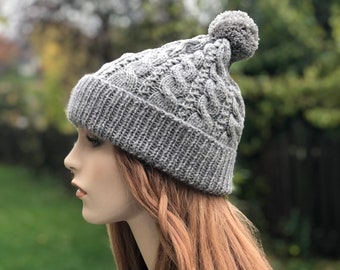 Winter Double Lined Wool Hat Pom-Pom Hand Knit Unisex Beanie By TemiM