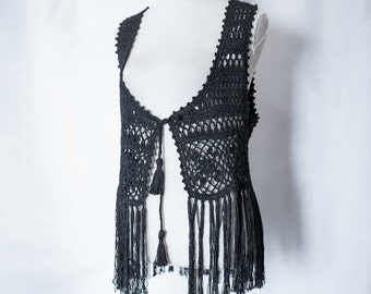 Womens Crochet Bohemian Long Fringe Vest Festival Top Sleeveless Black Size M by Temi M