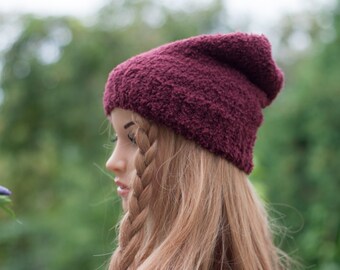 Slouchy Beanie Hand Knit Unisex  Burgundy Red Hat Polyester Yarn Temi M