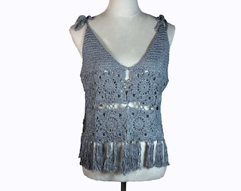 Crochet Womens Metallic Fringe Top Boho Summer Lace Sleeveless Blouse Size M By Temi M