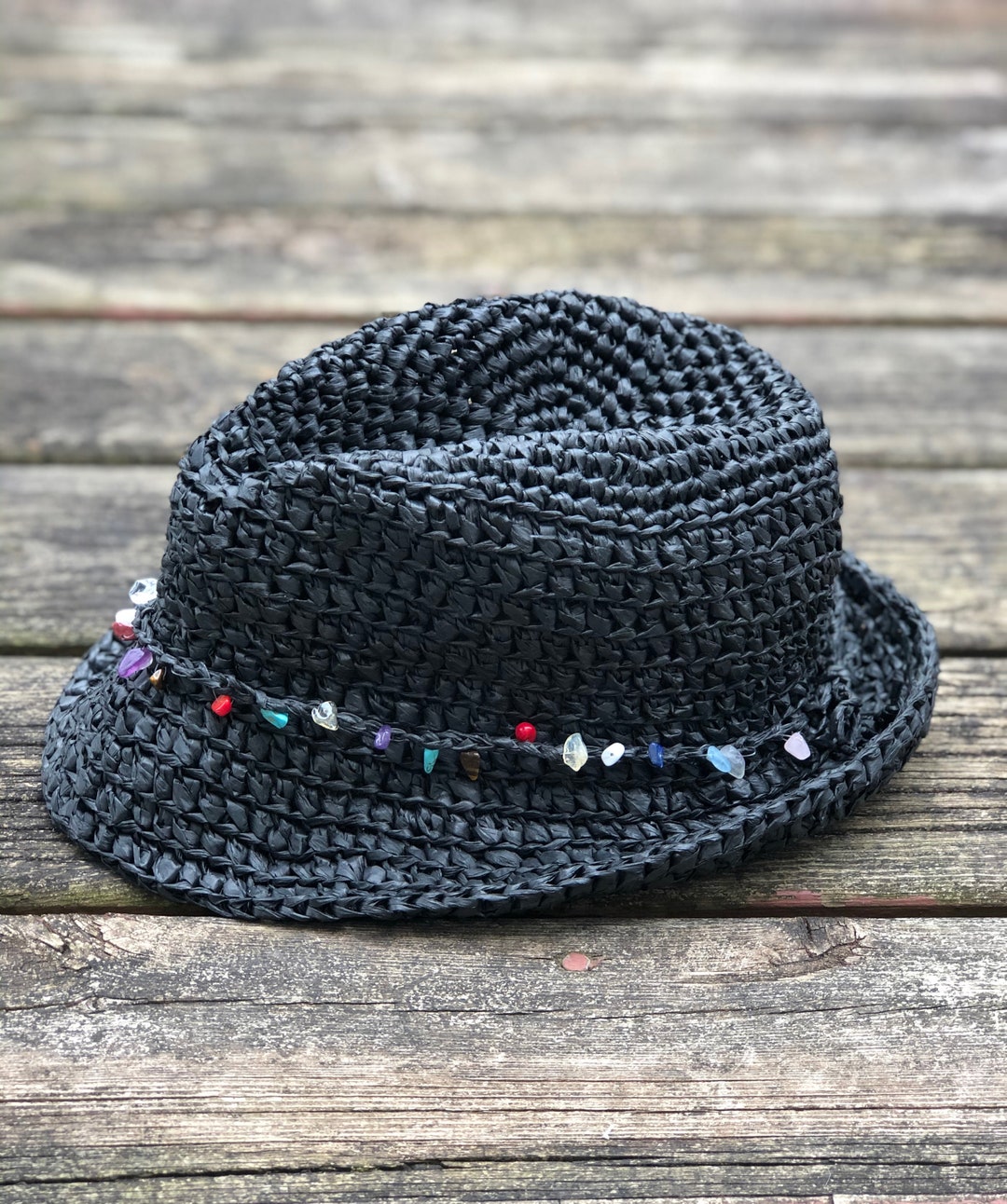 Black Straw Fedora Sun Hat/bowler Black Floppy Hat/summer Hand Made
