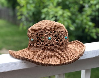 Sun hat/Raffia wide brim hat with turqouaze beads/granny square sun hat/Straw summer hat/Wide brimmed hat/Temi M