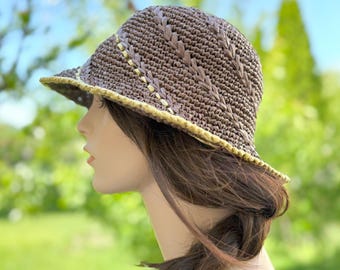 Crochet Raffia Bucket Sun Hat Straw Summer Cap Brimmed Hat Brown/Gold By Temi M