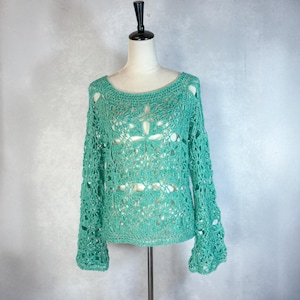 Hand Crochet Lace Blouse Green Summer Sweater Long Sleeves and Round Neck Boho Top Size M By Temi M knits
