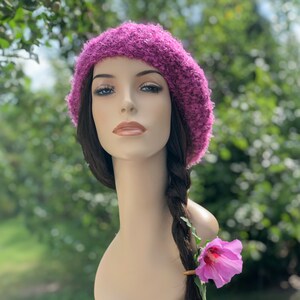 French Beret Crochet Slouchy Beaniе Hat Handmade Tam Bright Pink Size М by TemiM