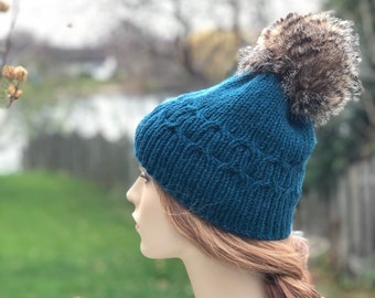 Winter Pom-Pom Hat Hand Knit Alpaca Wool Beanie Turquoise Temi M Knits