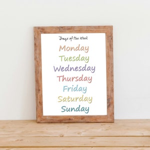 Weekdagen educatieve grafiek digitaal bestand (A4, A3, A2, A1) - dagen van de week afdrukbaar, Homeschool Resource, kleurrijke klasposter