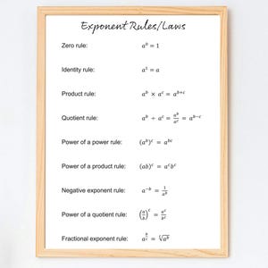 May include: A framed print displays mathematical exponent rules and laws in black text on a white background. A wooden artist's mannequin and a beige box sit on a white marble table. The frame is light brown.