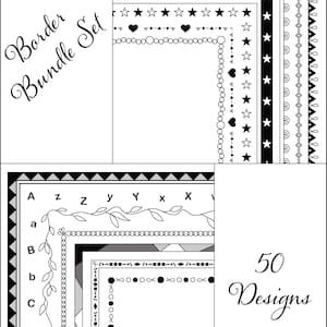 May include: A black and white border bundle set with 50 designs. The image displays various border styles, including stars, hearts, and geometric patterns. Text on the image reads "Border Bundle Set" and "50 Designs".