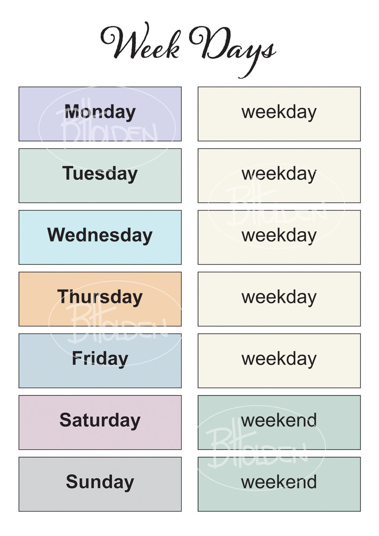 Days of the Week Stickers, Weekdays