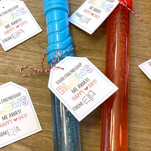 May include: Two bubble wands with colorful tags that say "Your friendship blows me away! Happy Day! From: Ella". One wand is blue and the other is red.