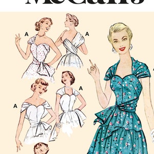 Puede incluir: Patrón de costura vintage McCall's con diseños de vestidos de los años 50. La ilustración principal muestra un vestido turquesa con estampado floral y falda escalonada. El patrón incluye varios estilos de vestidos, con el texto "VINTAGE 50's".