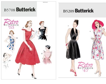 1940s, 50s Dresses Deep V-Neck Dress, Tie Shoulders, Pin Up Factory Folded Sewing Patterns Butterick 5708 Butterick 5209