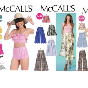 May include: McCall's sewing patterns featuring swimwear and various styles of pants. The patterns include a gingham bikini, a halter top and shorts set, and a pink top and black bottoms. The pants styles include wide-leg and palazzo pants.