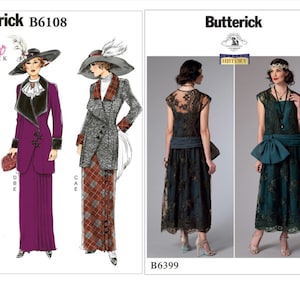 May include: Two vintage sewing pattern illustrations. The left image shows a purple suit with a black collar and a matching hat. The right image shows a gray and red plaid suit with a matching hat. The second image shows a black lace dress and a green lace dress.