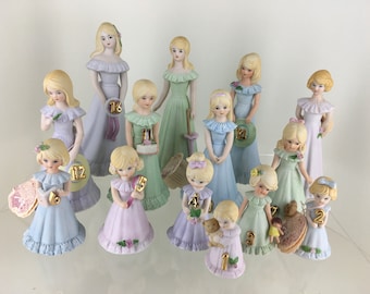 Vintage 1980&#39;s Enesco Growing Up Birthday Girls  Blonde Porcelain Figurines Cake Topper