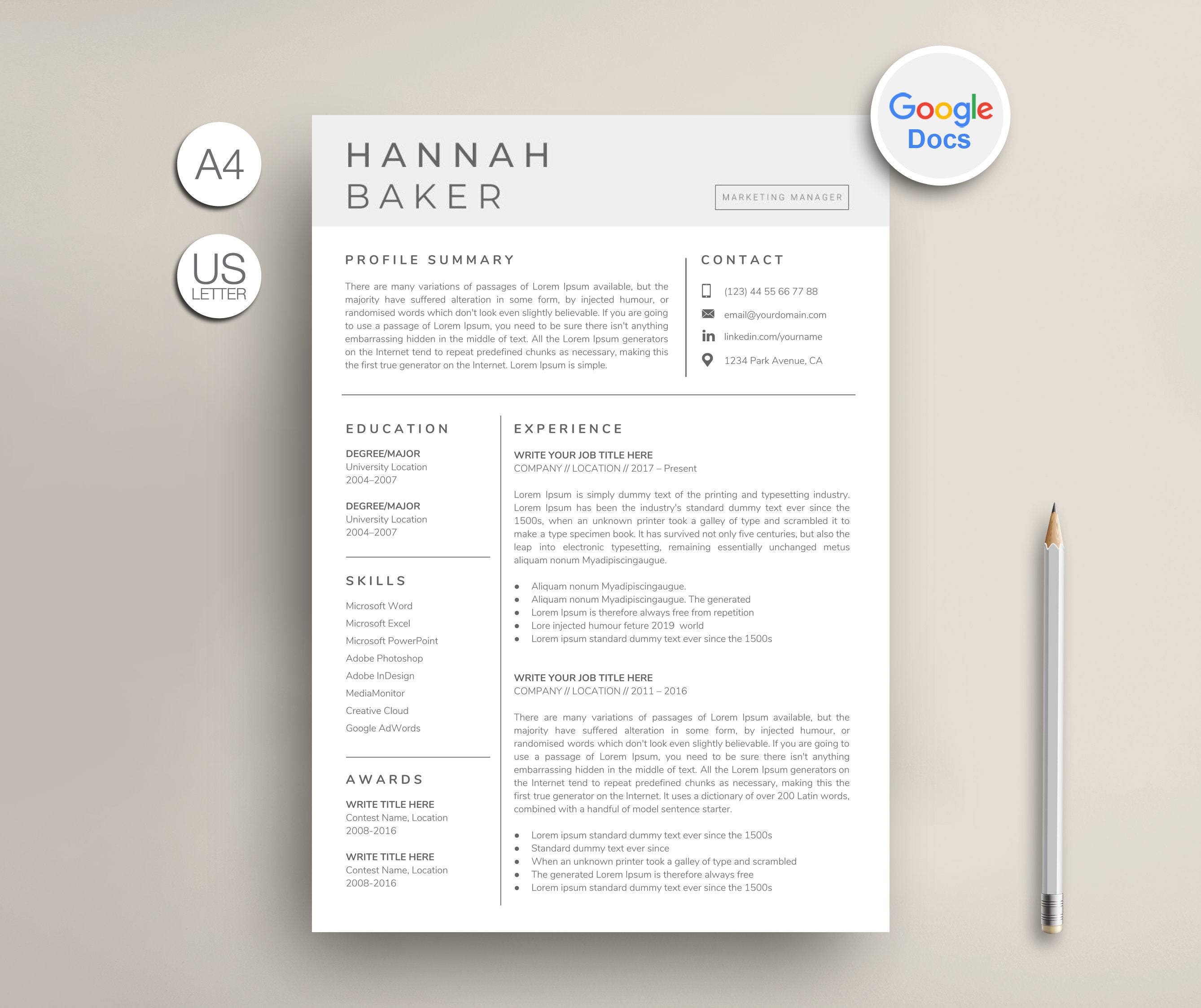 Google Docs Resume Template Google Cv Template Modern Google Etsy