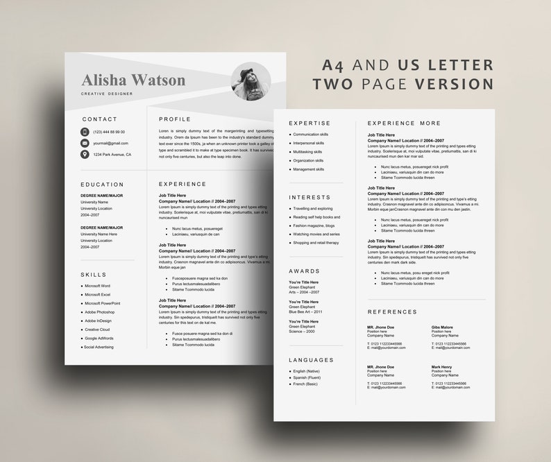 Two Pages Resume Template Resume Template CV Template Instant Download Creative Resume Template Simple Resume Template