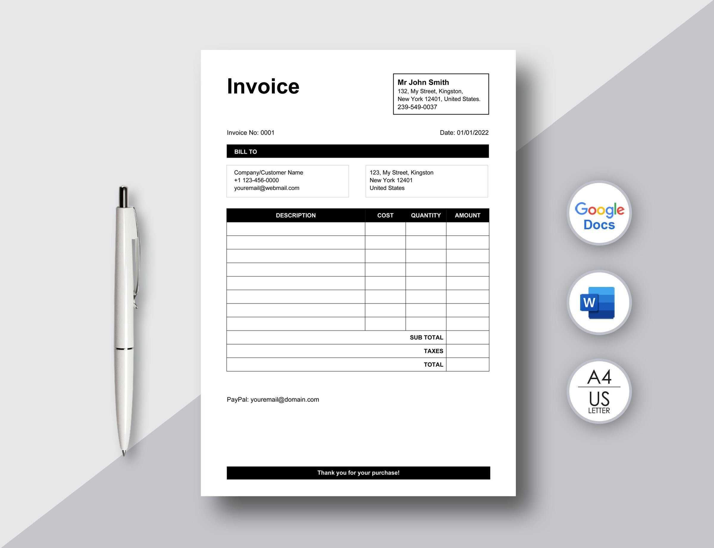 Invoice Template for Word and Google Docs, Editable Invoice Template ...