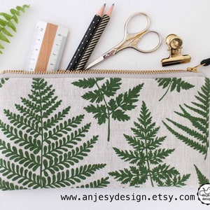 Cottagecore linen pencil case, Fern printed zipper pouch, Cute pencil pouch