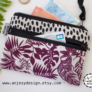 Monedero pequeño con doble cremallera, bolsa de tela de lino con estampado tropical
