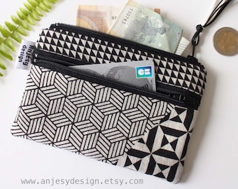 Petit porte monnaie double zip, Trousse Pochette tissu Lin naturel, style scandinave.