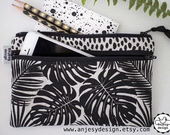 Linen double zipper makeup pouch ,Tropical IPhone wallet, Zipper tool pouch