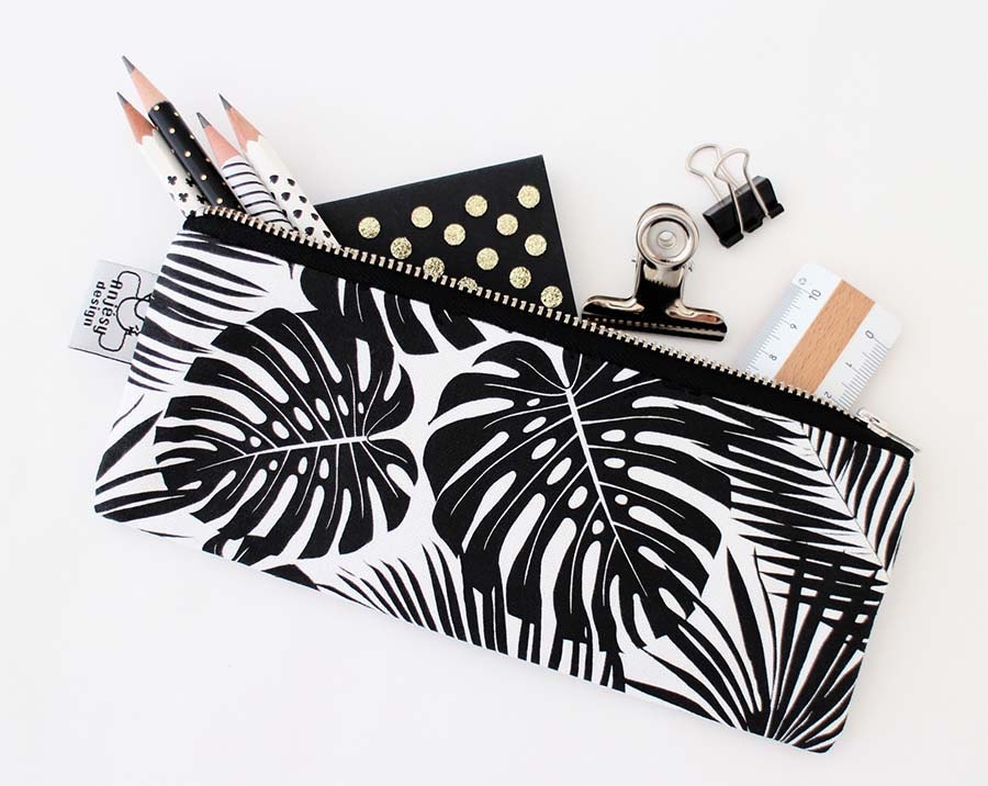 Trousse Scolaire Femme, Trousse École Style Tropical Noir et Blanc, 3 Tailles Disponibles.