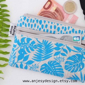 Porte monnaie double zip, Trousse Pochette tissu Lin bleu