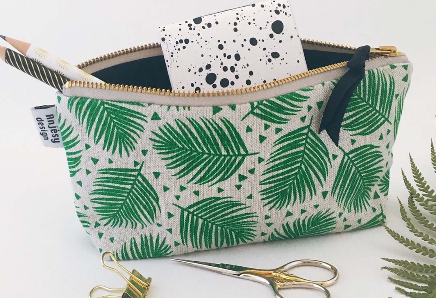 Trousse Scolaire Femme en Lin Imprimé Tropical Vert