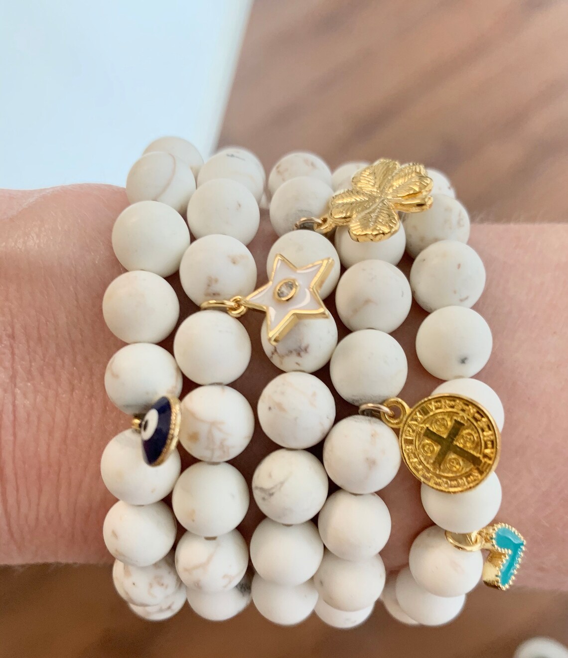 White Turquoise Bracelet With Gold Charm Etsy