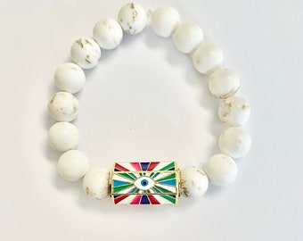 White Turquoise bracelet with enamel evil eye.