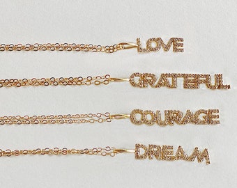 Love, Courage, Grateful, and Dream CZ necklace on gold filled chain