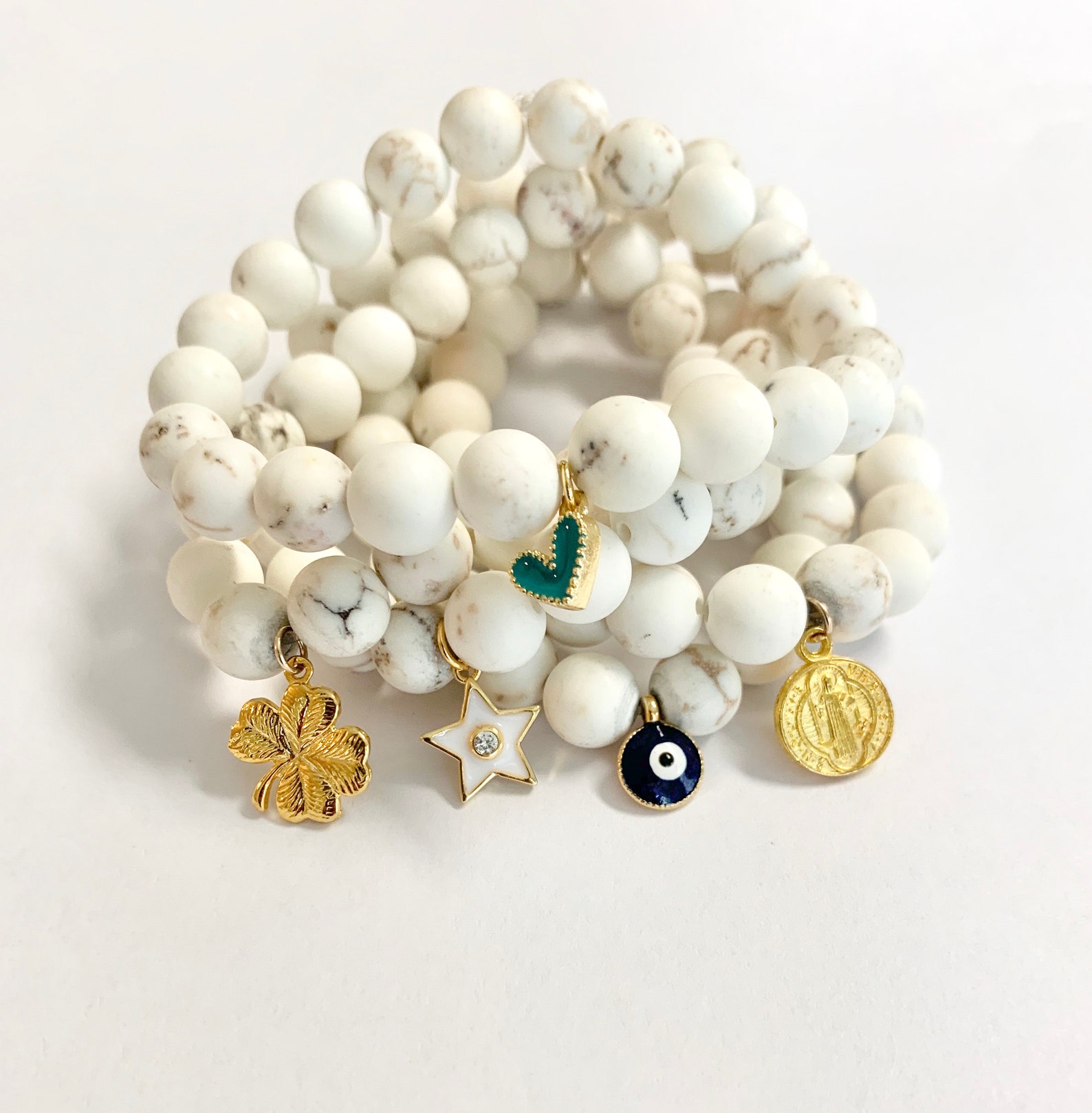 White Turquoise Bracelet With Gold Charm Etsy