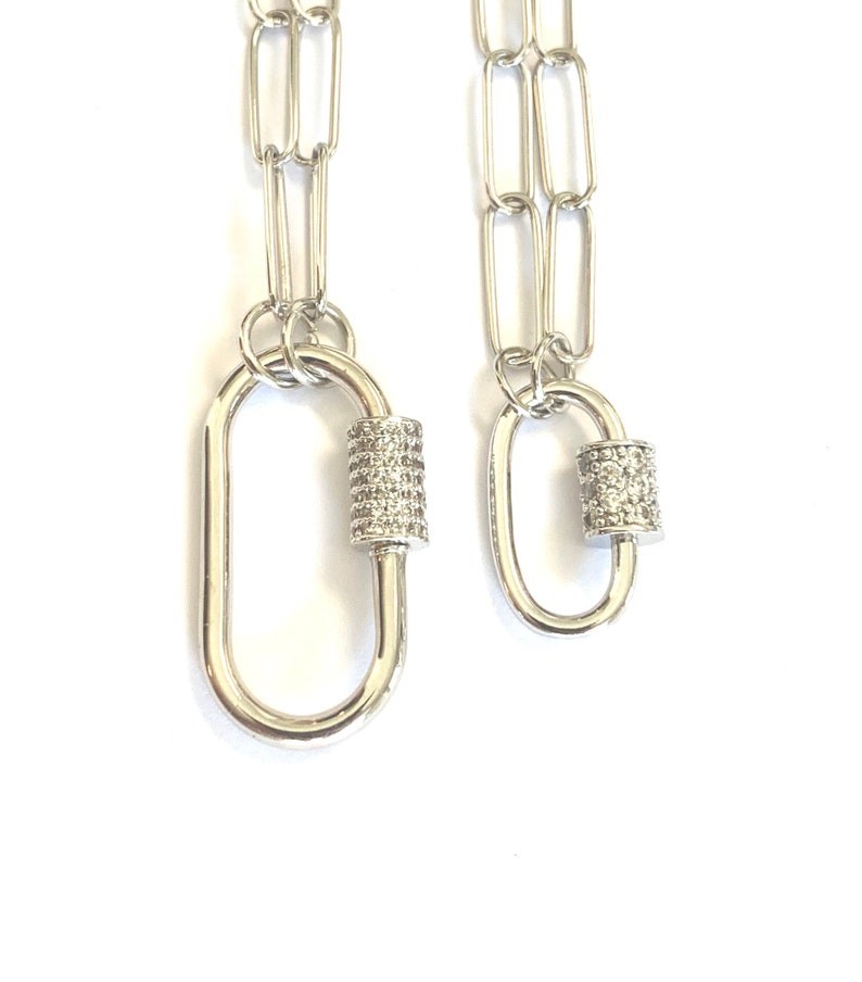 Silver Carabiner with CZ clasp on a silver paperclip chain image 3