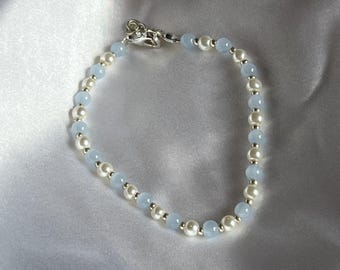 Handmade Light Blue Beaded Bracelet | Faux Pearl & Silver Accent