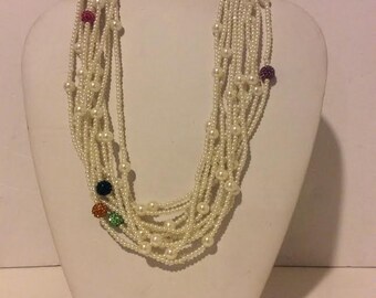 White layered pearl beaded chunky statement necklace