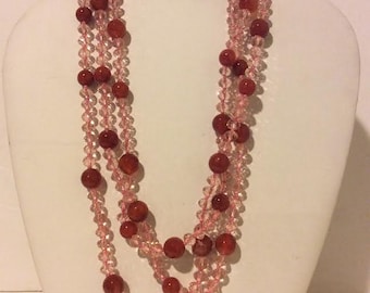 Pink layered beaded chunky agate necklace