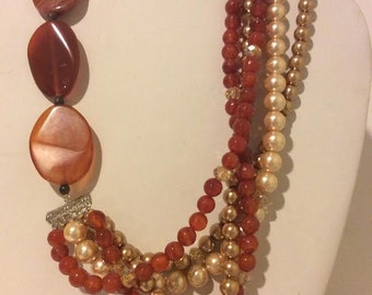Orange agate beaded layered short necklace