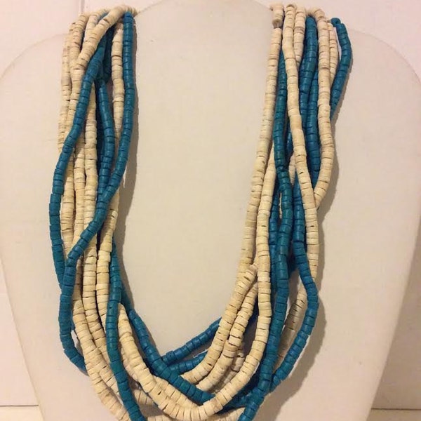 Multi layer blue and white wooden tribal necklace