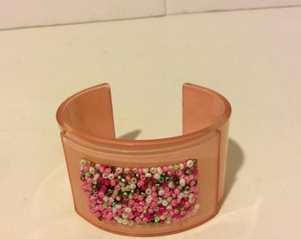 Adorable light pink chunky beaded resin cuff bangle bracelet