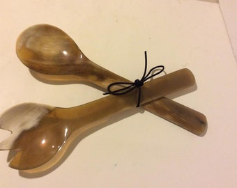 Extra large buffalo horn set of salad servers