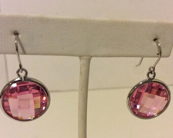 Pink round faceted sterling silver drop earrings