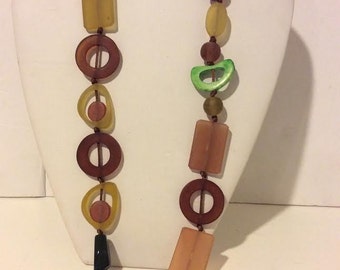 Brown and green resin bead link necklace