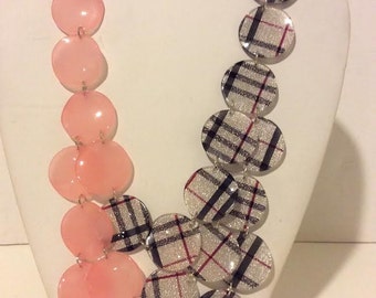 SALE!! Pink and silver plaid resin statement necklace