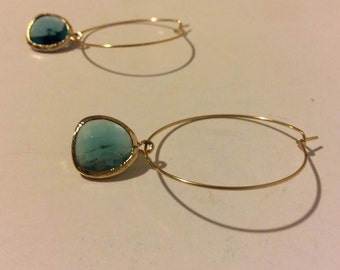 Delicate lightweight turquoise and gold colored whimsical hoop earrings