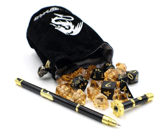 Black And Gold D D Metal Dice Set With Sword Pen And Dice Bag Etsy